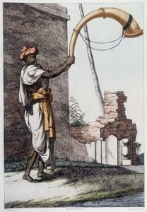 Cultura, civilização e sociedade indiana: músico com instrumento de sopro tradicional indiano (Sournae). Gravura a partir de 1808. de Unknown artist