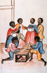Índios tocando marimba (marimbafone) e dançando, do livro "Trujillo del Peru" ou "Códice Martínez Compañón", de Baltazar Martinez Compañón y Bujanda, bispo de Trujillo (1782-1785) de Unknown artist