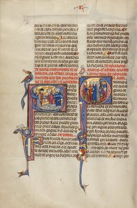 Inicial S: Dois homens apertando as mãos depois de uma venda de ovelhas; Q inicial: Três homens diante de um juiz apontando para um homem com um taco e um homem trabalhando numa bigorna de Unknown artist