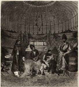 Dentro de uma tenda turca (Turkmena, Iraque), lar de uma família, com um barhchi (músico, contador de histórias) acompanhado pelo dutare para cantar ou recitar poesia, estes artistas são muito apanhados. Gravura para ilustrar a história de Henri de Blocque de Unknown artist