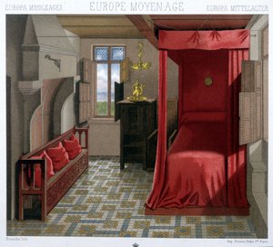 Interior de uma casa nos séculos XV e XVI. Em "Le costume historiqu" e por A. Racinet de Unknown artist
