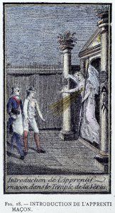 Introdução do pedreiro aprendiz - de uma gravura da "Precious Collection of the Adonhiramite Masonry" por um cavaleiro de todas as ordens maçônicas de Unknown artist