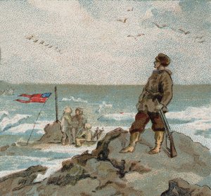 Isaac Israel Hayes (1832-1881) ostentando a bandeira americana nas margens do mar polar. Chromo do final do século XIX. de Unknown artist