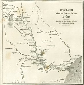 Itinerário ao longo do rio Hai He perto de Tien Tsin (Tien-Tsin, Tianjin) até Pekin (Pequim), China. Carte, em "Le Tour du Monde, Nouveau journal des Voyages", editado por Edouard Charton, Paris de Unknown artist
