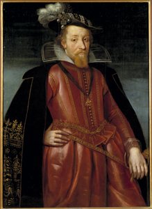 James Stuart, James VI Rei da Escócia e James I Rei da Inglaterra e Irlanda - Retrato do Rei James I da Inglaterra (1566-1625), Anônimo . Óleo sobre madeira. Dimensão : 115x86 cm. Nationalmuseum Estocolmo de Unknown artist