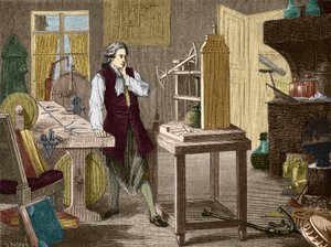 James Watt estudando o aperfeiçoamento da máquina Newcomen (1767) (motor a vapor) - em "Álbum de Ciências; Cientistas ilustres; Grandes descobertas" 1896. de Unknown artist