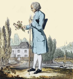 Jean-Jacques Rousseau (1712-78) Colheita de ervas em Ermenonville, junho de 1778 - Representação do filósofo Jean Jacques Rousseau (1712-1778) colhendo flores em Ermenonville. de Unknown artist