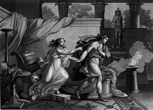 José fugindo da esposa de Putiphar (Potiphar) procurando seduzir a litografia do século XIX de Unknown artist