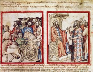 José à esquerda para o funeral de seu pai, ele vai atrás do Faraó Miniatura do códice 212 (ou códice padovano ou Bíblia de Pádua) 1390-1400 Rovigo, Accademia dei Concordi de Unknown artist