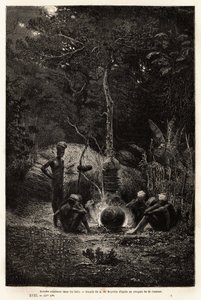 Kanaks cozinhando no bosque, no território de Pamale. Engravure pour illustrrer le voyage à la Nouvelle Caledonie, de Jules Garnier, engenheiro civil de minas, em 1863-1866, publicado no "Le tour du monde, nouveau journal des voyages", editado por Edouard  de Unknown artist