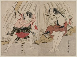 Kataoka Nizaemon VII e Ichikawa Yaozo III em confronto ao lado de uma cachoeira de Unknown artist