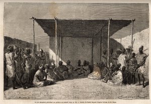 O rei Ahmadou presidindo a um conselho ou palabro do império tucouleiro em Segou Sikoro (Mali), os sábios se sentam e os guerreiros se põem, o rei segura em suas mãos um rosário muçulmano. Gravura para ilustrar a viagem ao Sudão Ocidental do Tenente (Marin de Unknown artist