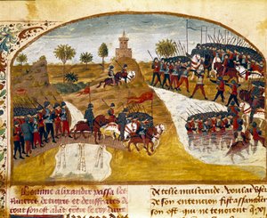 O Rei Alexandre o Grande (356-323 AC) e seu exército passam o Tigre e o Eufrates Miniatura do "Livro de Fatos de Alexandre o Grande" de Quintus Curtius Rufus (Quinteto Curce) (século I), cerca de 1468. (Sra. 1335) Reims. Biblioteca Municipal de Unknown artist