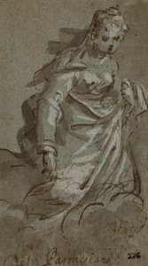 Figura feminina ajoelhada nas nuvens (frente); esboços de figuras (verso) de Unknown artist