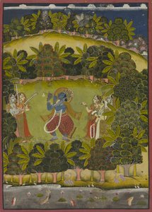 Krishna a tocar flauta para as Gopis de Unknown artist