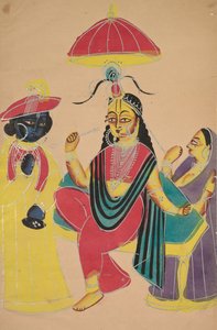 Krishna em pé ao lado de Radha que está sentado em uma cadeira de Unknown artist