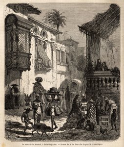 La casa de la Merced (agora Mercy Street) em Santo Agostinho, a cidade mais antiga dos Estados Unidos (Estados Unidos), fundada pelos espanhóis em 1565; rua principal da cidade, pequena e populosa, com vários animais e uma singular mistura de vários t de Unknown artist