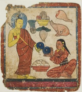 Senhora a oferecer comida a um monge, de um conjunto de cartas de iniciação (Tsakali) de Unknown artist