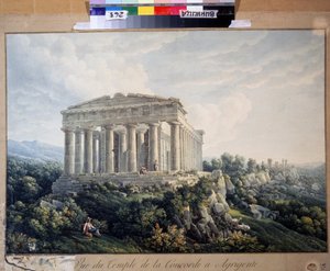 O Templo da Concórdia em Agrigento (Sicília, Itália) (O Templo da Concórdia em Agrigento). Pintura anônima. Aquarela sobre papel, 66,5 x 88 cm, início do século XIX. Paisagem, romantismo. Museu Regional de Arte, Vinnytsia (Ucrânia). de Unknown artist