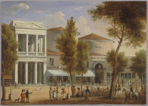 Le théâtre des Variétés et le passage des Panoramas, boulevard Montmartre, cerca de 1825, cerca de 1825 (óleo sobre cartão) de Unknown artist