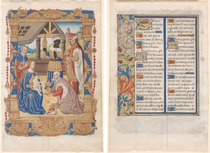 Folha de um livro de horas: Adoração dos Reis Magos (reto) e texto com borda ilustrada (verso) (3 de 3 folhas extirpadas) de Unknown artist