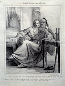 Les grands hommes en chemise Representação do escritor Honore de Balzac (1799-1850) que alistou uma jovem mulher enquanto fumava um cigarro. Ilustração de E. Allet (século XIX) Paris, Maison Balzac de Unknown artist