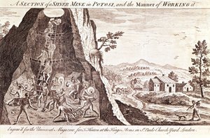 Minas de prata em Potosi, Bolívia. Gravura do século XIX. de Unknown artist