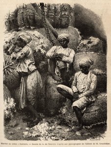 Os trabalhadores Parsi em repouso, no mercado do algodão de Bombaim. Gravura para ilustrar a viagem nas províncias do sul da Índia, de Alfred Grandidier, em 1862-1864, publicada em "Le tour du monde" 1869, editada por Edouard Charton, edição Hachet de Unknown artist