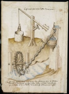 Sistemas de alavanca para poços e abastecimento de água por roda de parafuso - Manuscrito: folha de pergaminho de um manual de engenharia para a construção de edifícios civis, religiosos e militares, anônimo, final do século XV (figura na tinta da China) de Unknown artist
