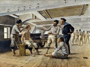 A vida a bordo de um navio de guerra francês: o barbeiro barbeia os marinheiros, c.1800 de Unknown artist