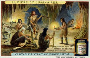Luz e luminárias: a lâmpada de barro dos habitantes das cavernas durante os tempos pré-históricos. Ilustração em Liebig emballeges. de Unknown artist