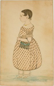 Menina com bolsa quadriculada em perfil à esquerda de Unknown artist
