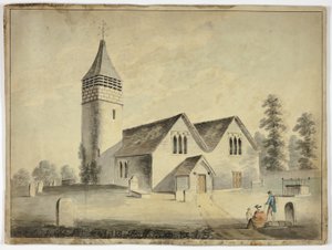 Homem, mulher e criança no cemitério Churchyard de Unknown artist