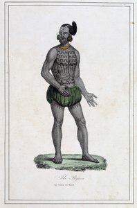 Homem das Ilhas Byron com tatuagens (Polinésia) - em "Os diferentes povos da terra" de Abbe Paul Jonhanneaud, Librairie des Bons livres de Unknown artist