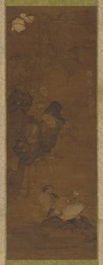 Patos mandarim, pedras e uma planta com flores de Unknown artist