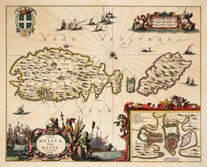Mapa de Malta e Gozo, c.1650 (gravura a cores) de Unknown artist