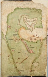 Mapa de Smerwick, Irlanda, mostrando a terraplenagem inglesa com dois canhões para atacar o forte espanhol e soldados ingleses a marchar para fora de Castell More de Unknown artist