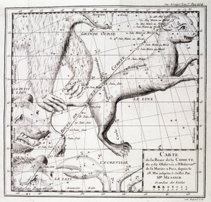 Mapa da estrada do cometa 1762 e mapa do céu, observado por Messier - gravura de Unknown artist