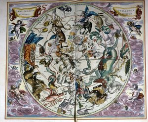 Mapa do céu e signos do zodíaco - fac-símile de uma composição antiga representando as constelações do céu do sul, segundo a "Harmonia Macrocosmica" de André Cellarius de Unknown artist