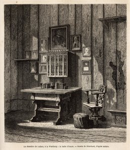 O quarto de Martin Lutero (1483-1546) em Wartburg onde ele se refugiou após sua excomunhão em 1521, com seu retrato e os de seus pais acima da escrivaninha, sob cujos olhos ele traduziu a Bíblia para o alemão e redia seus textos mais famosos. A tinta de Unknown artist