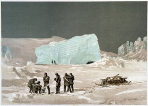 Homens e trenós no gelo - em "The shores of the polar sea, an Arctic expedition narration", do Dr. Edward Moos, Marcus Nard & Co, Londres de Unknown artist