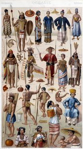 Homens e mulheres representando os diferentes povos da Oceania. Gravura do século XIX. de Unknown artist