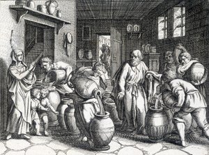 Milagre de Eliseu, profeta bíblico e discípulo de Elias que, com o seu manto, lhe transmite o seu espírito e poderes. Gravura de 1724. de Unknown artist