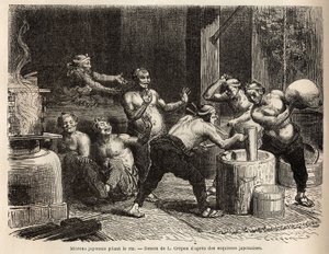 Mitrons a bater o arroz, antes de ser fabricado para fazer cerveja de arroz. Gravura para ilustrar a viagem ao Japão, de Aime Humbert, ministro da Confederação Suíça, em 1863-1864, publicada em "Le tour du monde" 1869, editada por Edouard Charton, edição H de Unknown artist