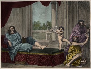 Moliere Jean Baptiste Poquelin (1622-1673) evocando o Génio da comédia para derrubar o vício e acabar com a hipocrisia - Gravura depois de uma pintura que desapareceu do século XVII de Unknown artist