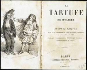 Moliere assustando um eclesiástico usando uma máscara de teatro - Frontispice du "Tartuffe" (Tartufe) de Molière, ed. Hingray, Paris de Unknown artist