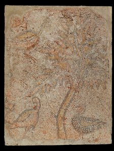 Fragmento de mosaico com três pássaros e uma árvore de Unknown artist