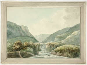 Cidade de montanha com ponte sobre rápidos de Unknown artist