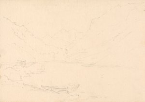 Paisagem montanhosa e lago de Unknown artist