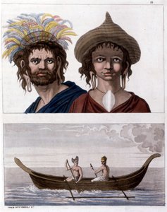 Nativos da Ilha de Páscoa (Rapa Nui) na Polinésia, membros do clã Long Ears. No andar de baixo, um dos seus barcos. - em "The Old and Modern Costume", de Jules Ferrario de Unknown artist